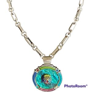 CHICOS Chunky Antique Silvertone Chain-Pendant-Color Rhinestones & Inlays